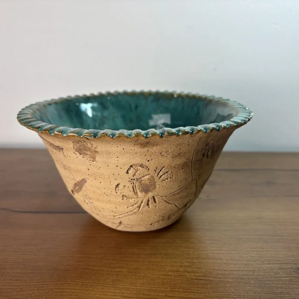 Handmade Artisan Hand Stamped Pottery Nautical Coastal Sea Creature Bowl Teal